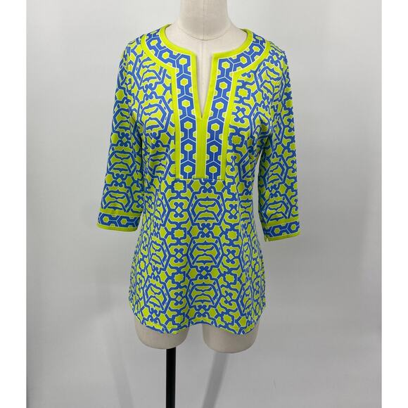 Gretchen Scott Designs Split Neck Top Geometric Printed Green Blue Womens Small - Picture 2 of 9
